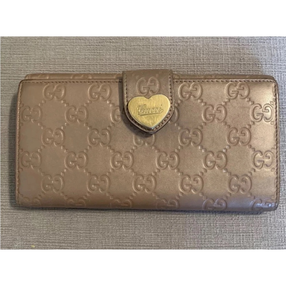 Gucci Metallic Beige Embossed GG Continental Wallet with Heart Snap
